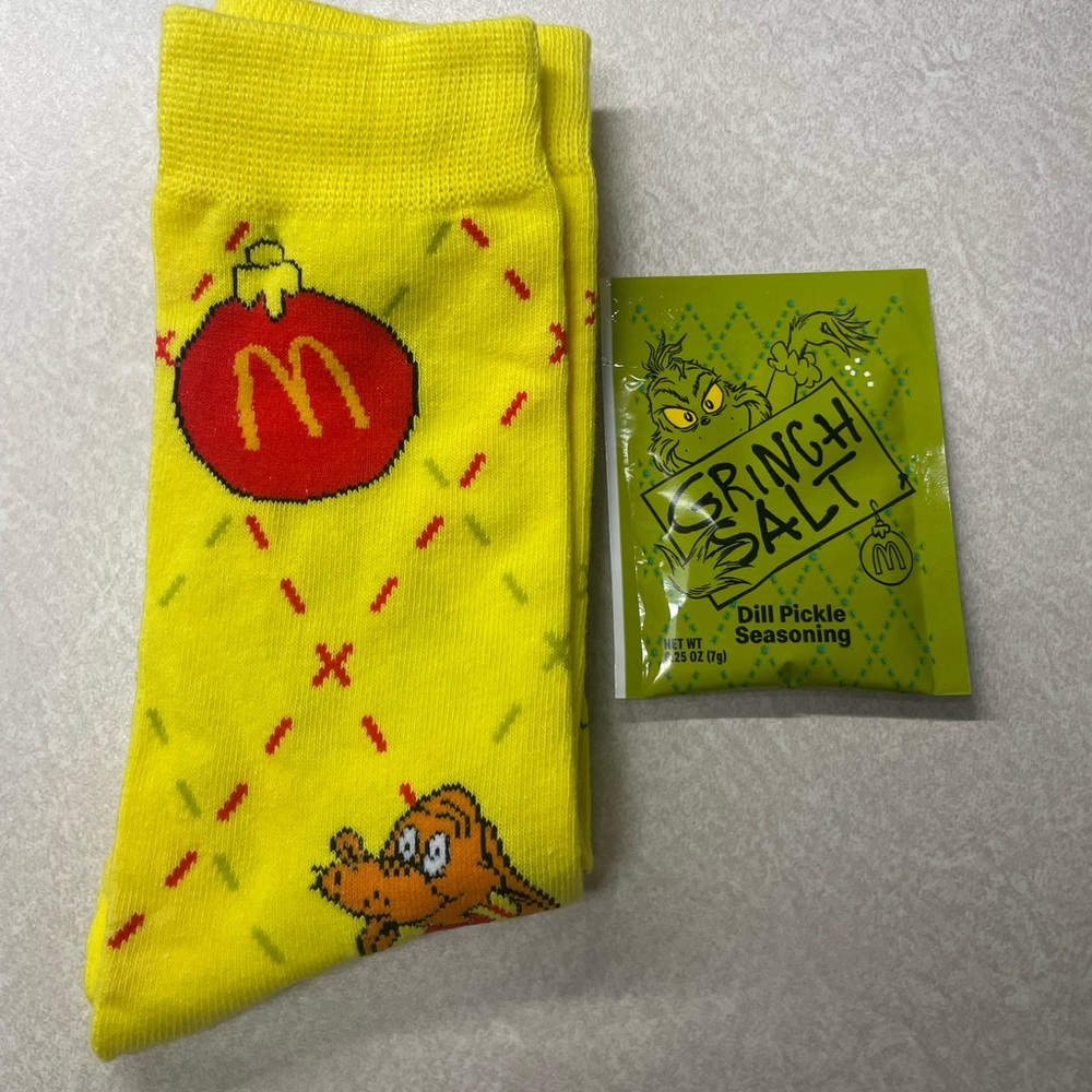 McDonald's Grinch socks, yellow and Grinch salt